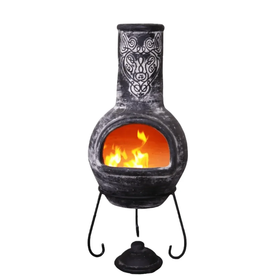 Wulfryc Stylised Wolf Mexican Chimenea Charcoal Colour Celtic Theme inc Stand & Lid